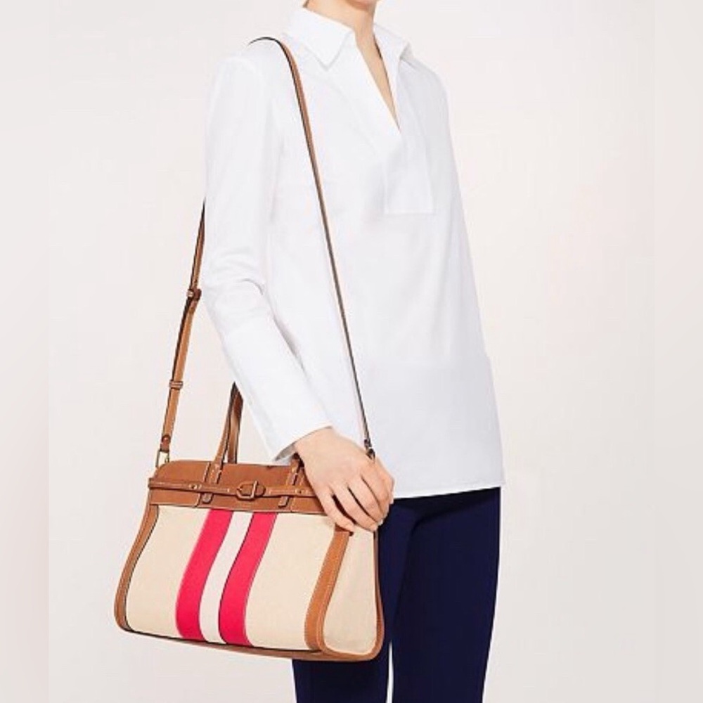 Tory Burch Canvas & Suede Center Stripe Satchel in Natural New Ivory Nut - Picture 1 of 16